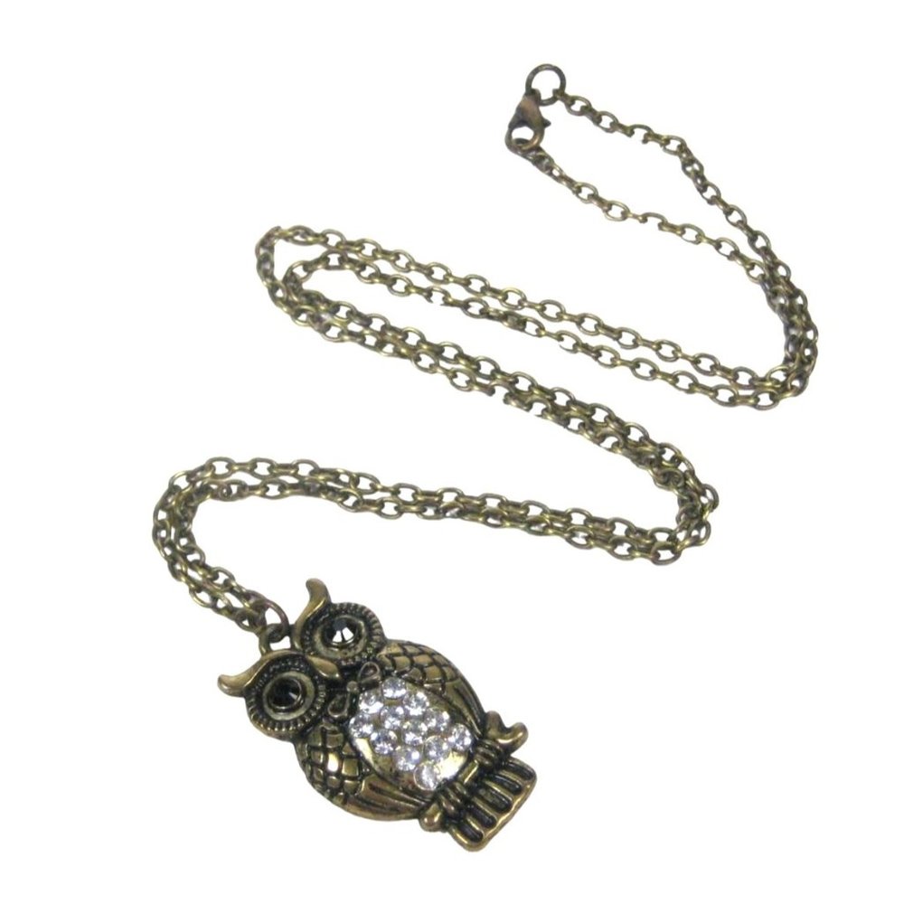 Owl Pendant Rhinestones Brasstone Chain Necklace 26 Inch Fashion Jewelry Bird